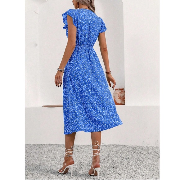 Boho Blue Floral V Neck Ruffle Hem Midi Length, A Line Button Up Dress - Picture 4 of 7
